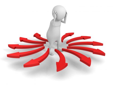 White Confused 3d Person Difficult Choice Arrows Direction. 3d Render Illustration